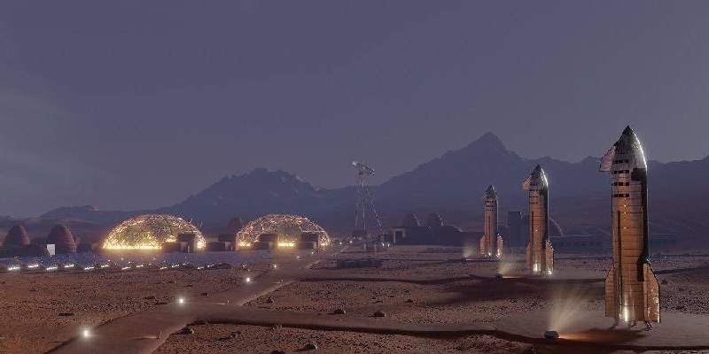 Mars settlement at dusk with Starships and illuminated domes