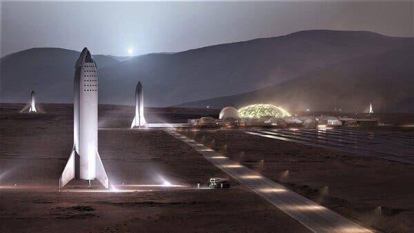 Starship rockets next to a green dome under Mars sky