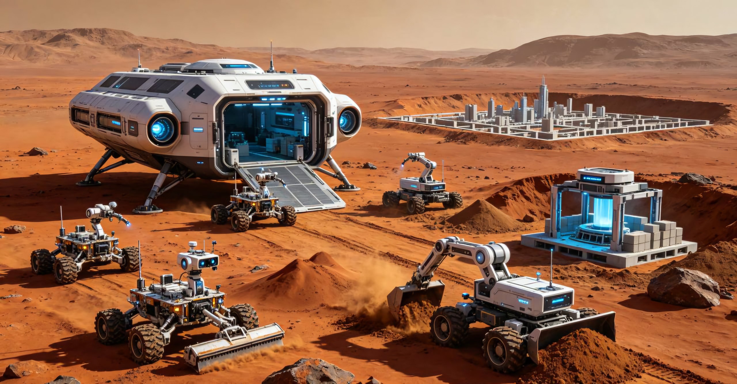 Construction rovers, lander and early city build on Mars surface