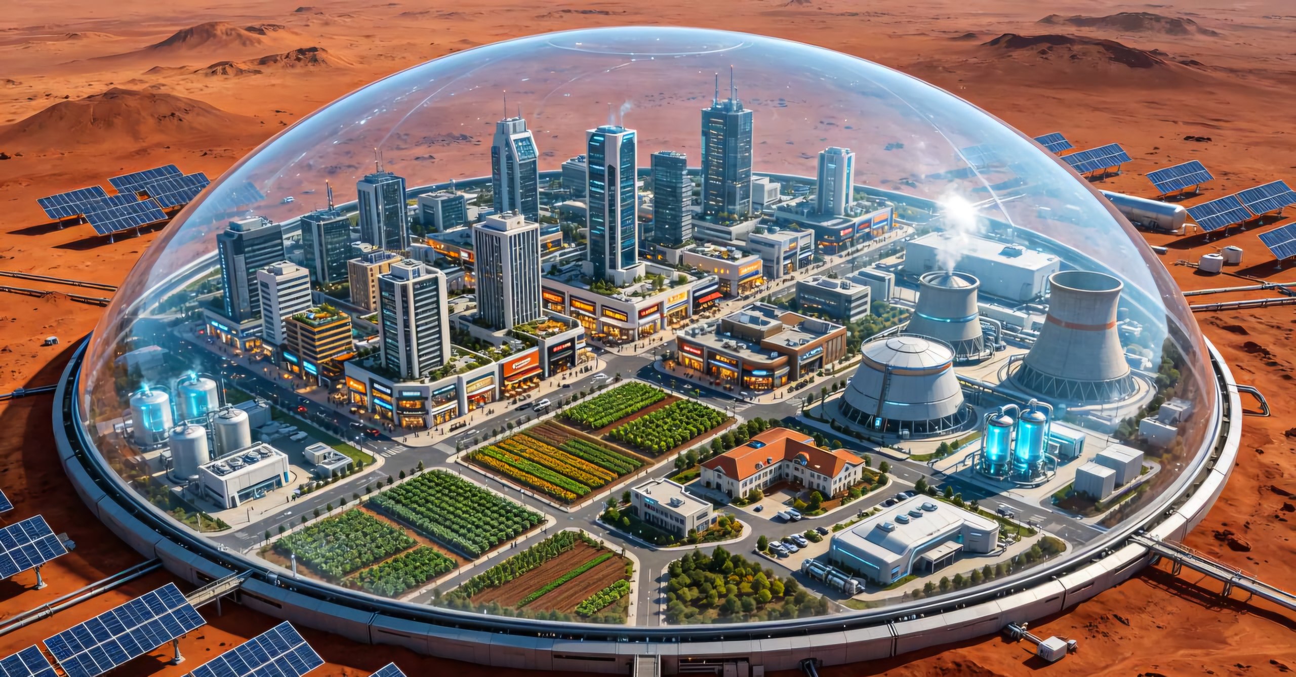 Mature domed city on Mars with skyscrapers, farms and power plant
