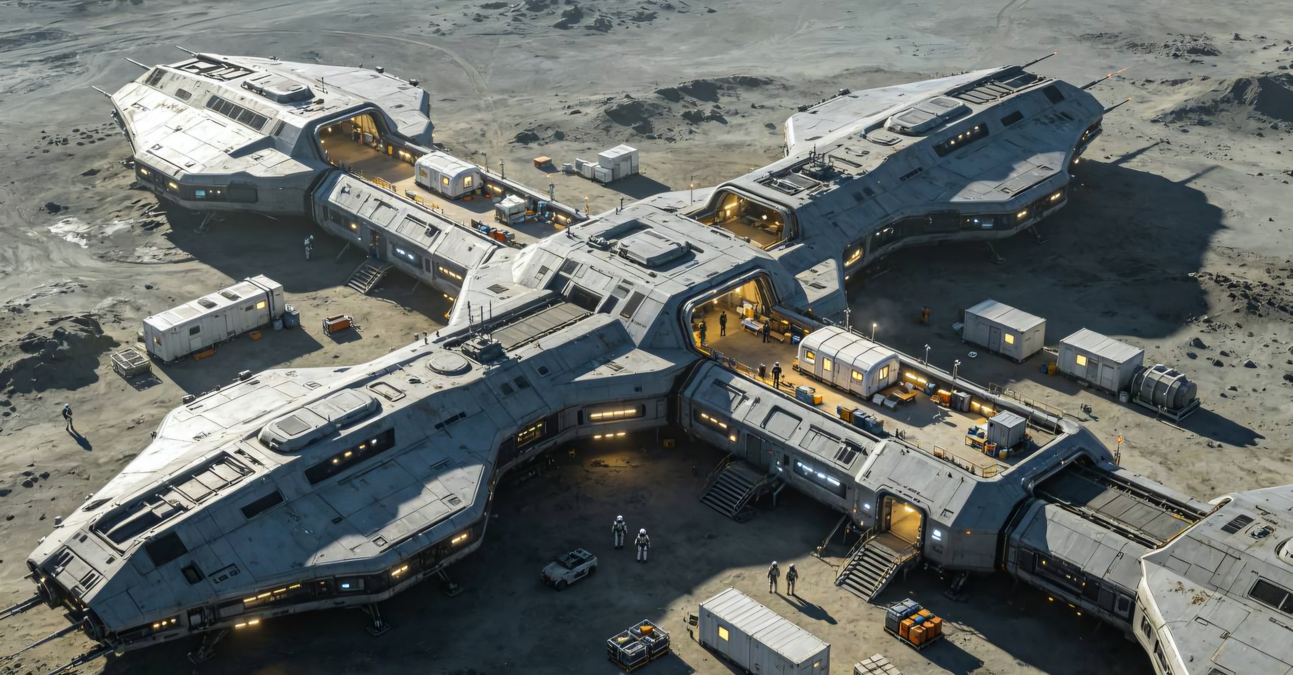 Cross-shaped Mars outpost with personnel and supply containers