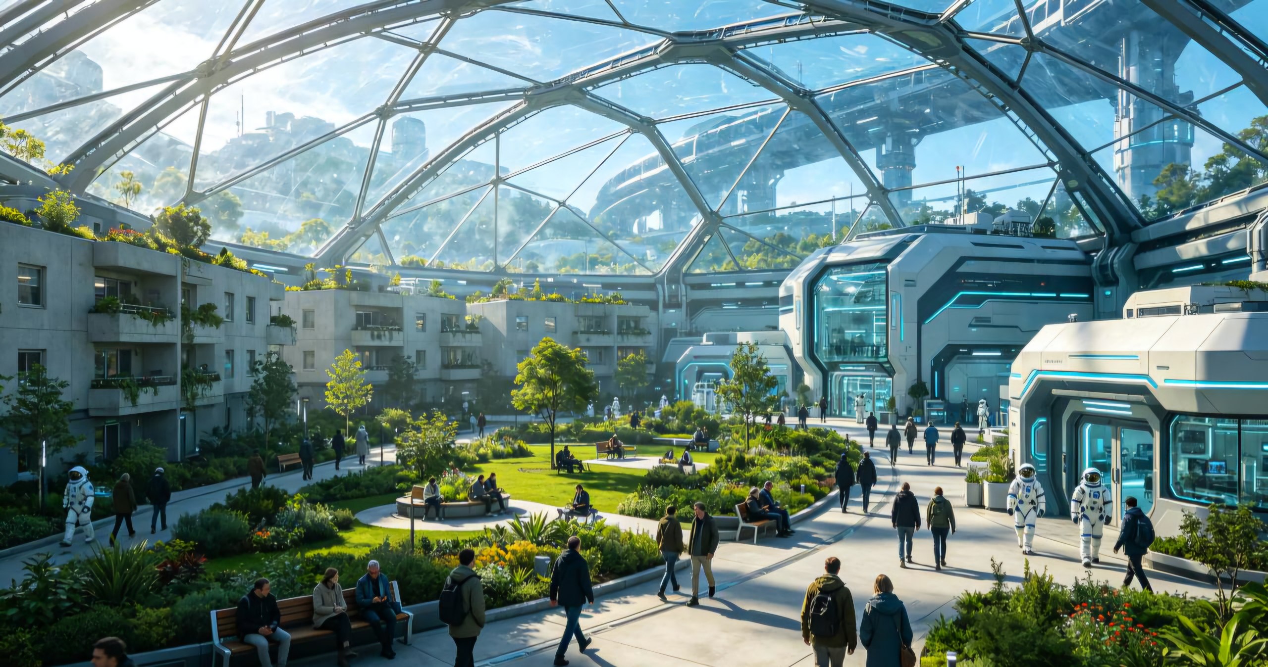 Inside a Mars dome with parks, gardens, people and futuristic buildings